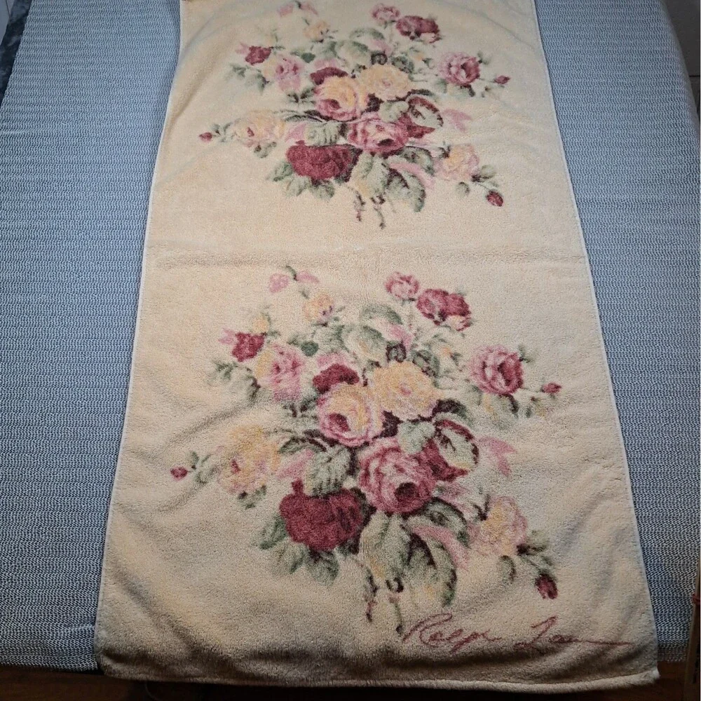RALPH LAUREN KATHLEEN Yellow FLORAL Shabby ROSES Flowers 1 BATH TOWEL 26x46in